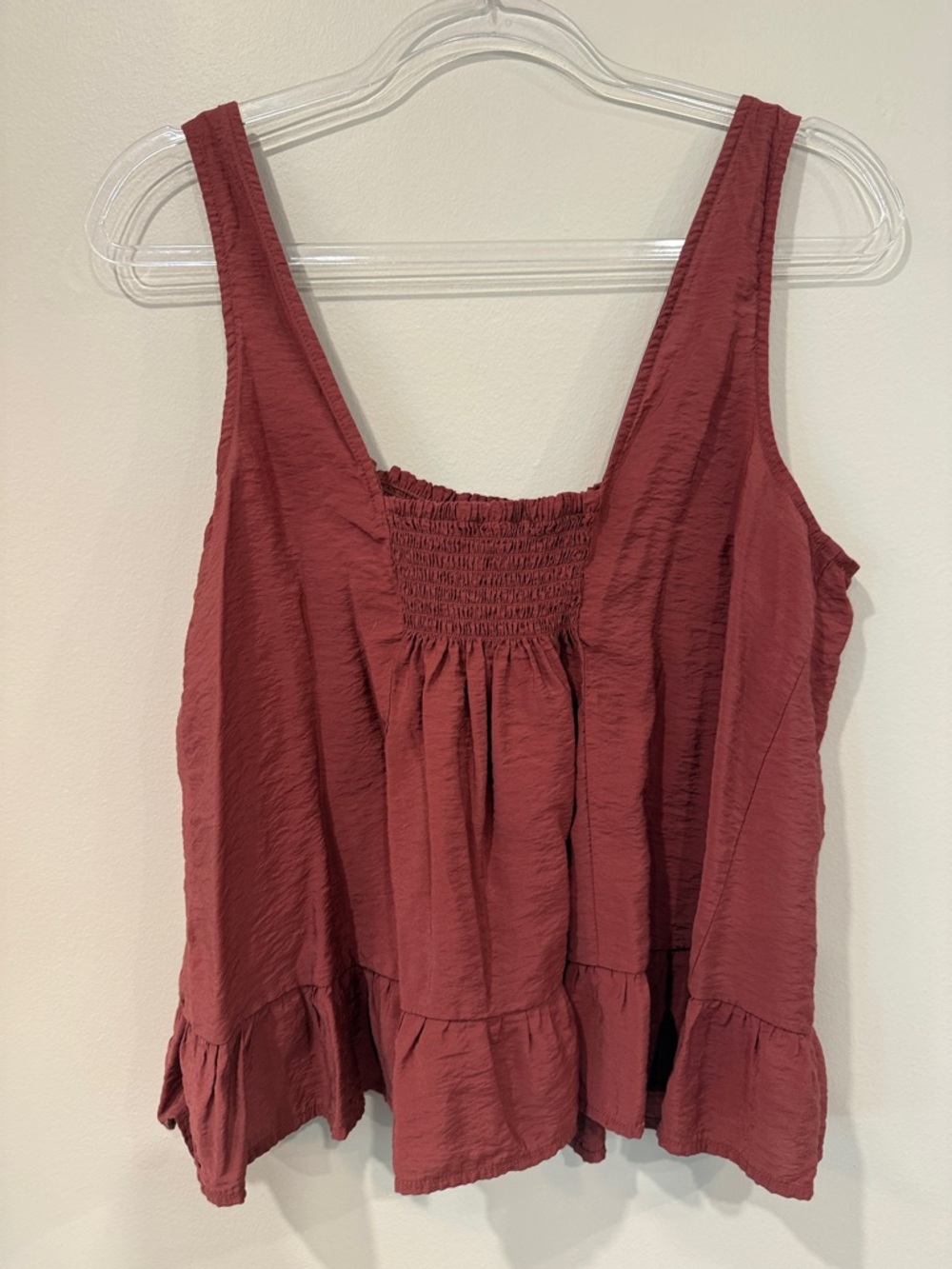 Anthropologie Maeve Smocked Ruffle-Hem Swing Tank Top Dark Mauve Burgundy - Picture 4 of 4